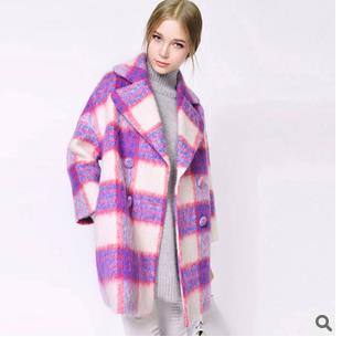 2015韩国东大门秋冬新品韩版茧型/廓型长款格子毛呢外套大衣女装