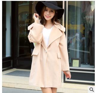 秋冬新品韩版大翻领茧型廓型大衣 纯色长款毛呢外套 女式宽松外套