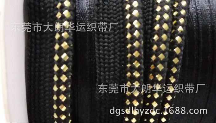 【东莞工厂生产】1.1CM黑色间金丝字母带