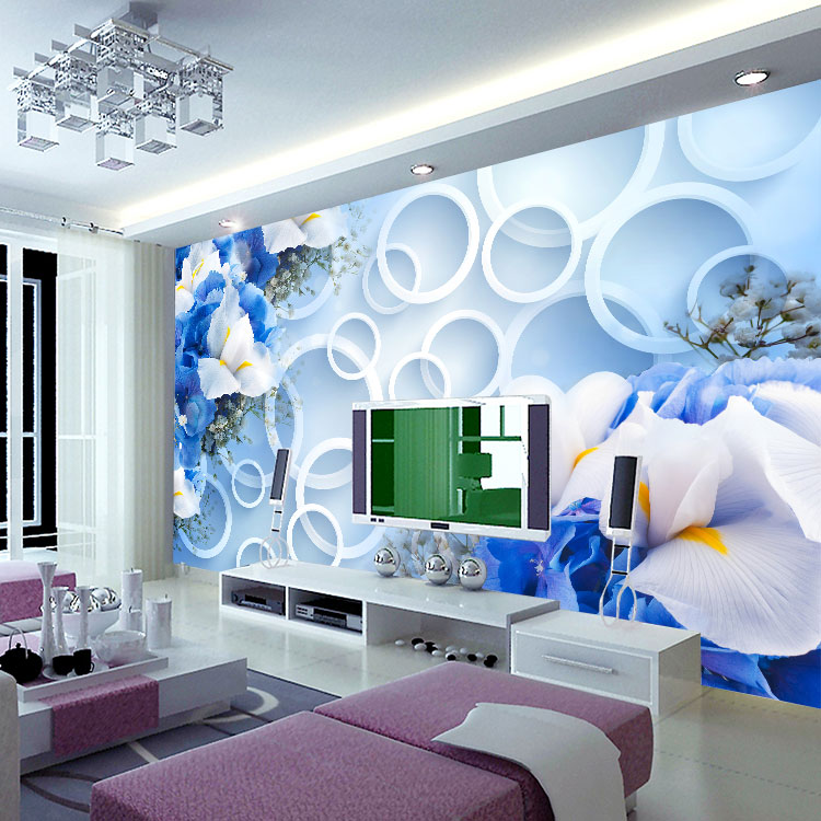 无缝墙布 3D蓝色花朵沙发电视背景墙 墙纸 大型壁画 厂家个性定制