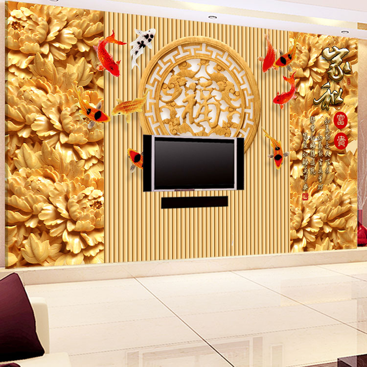 无缝墙布 墙纸 中式木雕沙发电视背景墙 大型壁画个性定制 厂家