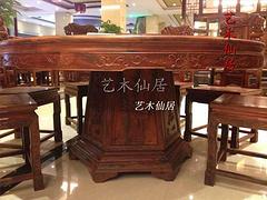 红木餐桌代理，莆田质量好的老挝大红酸枝餐桌桌面雕花九件套，就在艺木仙居红木家具