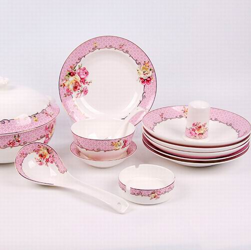 时尚婚庆礼品瓷餐具 46头碗碟勺套装粉红玫瑰 唐山陶瓷厂家批发